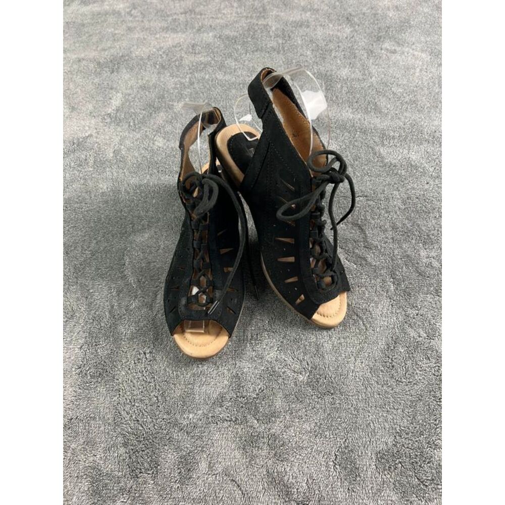 Earth Kristen Suede Leather Lace Up Block Heel Sandals Sz EU 36 Black Slingback